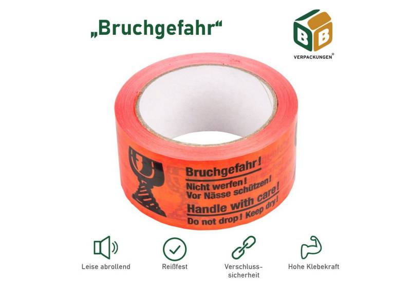 BB-Verpackungen Paket-Klebeband Klebeband PVC “Bruchgefahr“ (50 mm x 60 m) signalrot von BB-Verpackungen