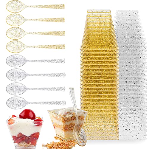 Bbaoo 2 OZ x 50 Stück Dessertgläser mit Löffel , Dessertschalen Plastik, Kleine Dessertbecher, Mini Dessertschalen, Transparente Dessertbecher, für Hochzeiten, Geburtstage und Partys (Gold/Silber) von BBAOO