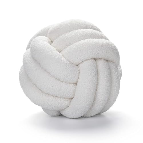 BBAUER Knoten-Kugel-Kissen Handgewebt Runde Kissen Lammsamt-Plüsch-Wurfkissen Weiche Dekoration Kissen für Zuhause, White-22CM von BBAUER