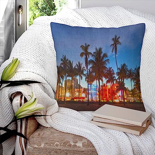 Kissenbezüge 45x45cm,Hotels und Restaurants in Miami Beach, Florida, bei Sonnenuntergang am Ocean Drive, weltberühmtes Reisez,Dekorationskissenbezüge quadratisch weich Kissenbezüge für Couch Sofa Bett von BBAUER