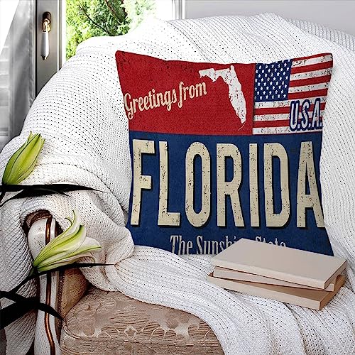 Kissenbezüge 45x45cm,Vintage Grüße von Florida The Sunshine State mit amerikanischer Flagge,Dekorationskissenbezüge quadratisch weich Kissenbezüge für Couch Sofa Bett von BBAUER