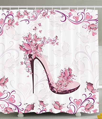 BBFhome Duschvorhang 180 x 180 CM Punk und Lila Frauen Schuhe mit Rosen und Herzen und Schmetterlinge fliegen Polyester Gewebe Badezimmer Set mit Haken von BBFhome