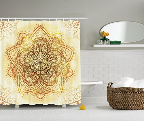 BBFhome Hem Gewichte Duschvorhang 168 x 180 cm Mandala Decor Collection ethnische Doodle Design Asiatische Kunst Traditionelle Muster Polyester Gewebe Badezimmer Set mit Haken Beige Creme Brown von BBFhome