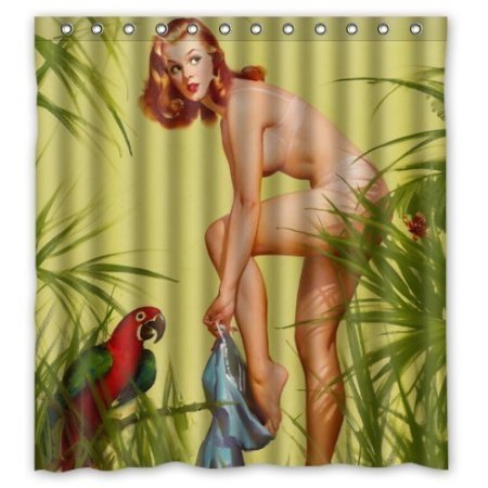 BBFhome Hem Gewichte Duschvorhang 180 x 180 cm Sexy Naked Pretty Girl Wearing - Vintage Retro Pin Up Girls Badezimmer-Körper-Kunst-Leinwand-Malerei-Art-wasserdichte Polyester-Gewebe 12 Haken von BBFhome