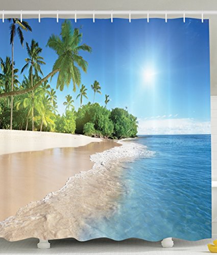 BBFhome Ozean-Dekor-Kollektion Tropische Palmen an einem sonnigen Insel-Strand-Szene Panorama Bild ansehen Polyester-Gewebe 180 x 180 cm Bad Duschvorhang Set mit Haken Blau Grün Weiß Multicolor von BBFhome