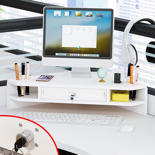 Monitorständer Monitor Stand 2-stufiger Dreieckiger Monitorständer mit Schublade, Schreibtischorganisator-Computersteiggestell, Ergonomischer Monitoraufzug, Büro-Desktop-Aufbewahrungsregal ( Color : W von BBHW