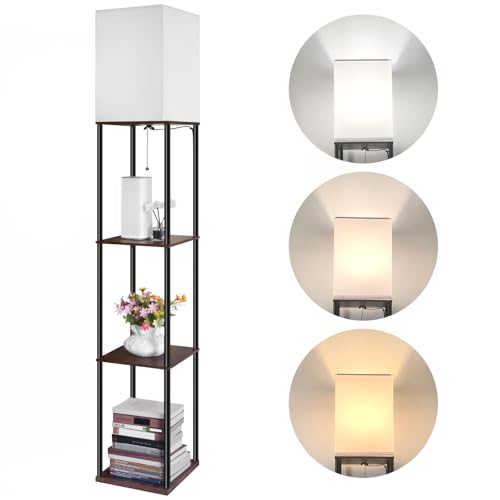 BBHome Modern Stehlampe mit Holzregal, 3 Farbtemperatur Dimmbar LED Hölzern Standlampe für das Wohnzimmer, Schlafzimmer, Büro und Andere Zimmer, 9W Glühbirne Enthalten (Rustikales Braun) von BBHome