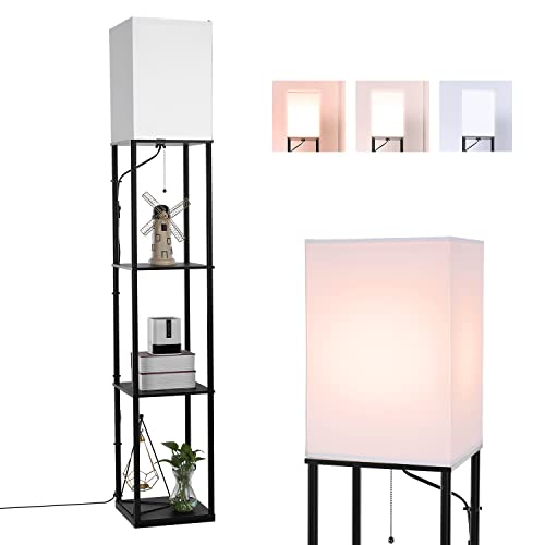 BBHome Modern Stehlampe mit Holzregal, 3 Farbtemperatur Dimmbar LED Hölzern Standlampe für das Wohnzimmer, Schlafzimmer, Büro und Andere Zimmer, 9W Glühbirne Enthalten (Schwarz) von BBHome