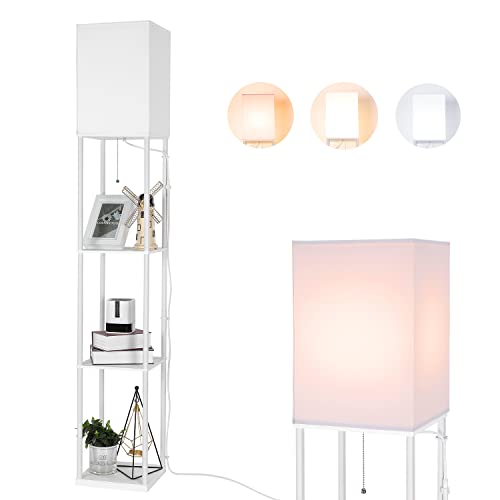 BBHome Modern Stehlampe mit Holzregal, 3 Farbtemperatur Dimmbar LED Hölzern Standlampe für das Wohnzimmer, Schlafzimmer, Büro und Andere Zimmer, 9W Glühbirne Enthalten (Weiß) von BBHome