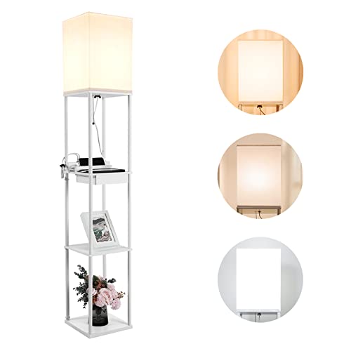 BBHome Modern Stehlampe mit regal aus Holz und Metall, 3 Farbtemperaturen, 2 USB-Ladeanschlüsse, und 1 Schublade, Dimmbar LED Stehleuchte für Wohnzimmer, Schlafzimmer, Weiß (Mit Glühbirne) von BBHome