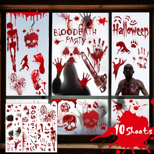 BBLIKE 10 Blätter Halloween Fensterbilder, Grusel Halloween Deko, Fensteraufkleber mit Blutige Handabdrücke, Zombie Silhouetten, Fensterdeko für Halloween Glastüren, Tür, Window, Halloweenparty Deko von BBLIKE