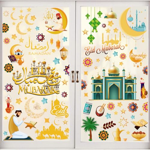 BBLIKE 9 Blätter Eid Mubarak Fensterbilder, Fensteraufkleber Ramadan Fenstersticker mit Mond, Burg, Wiederverwendbare Selbstklebend Eid Mubarak Dekoration Ramadan Fensterdeko für Islamischen Feiertag von BBLIKE