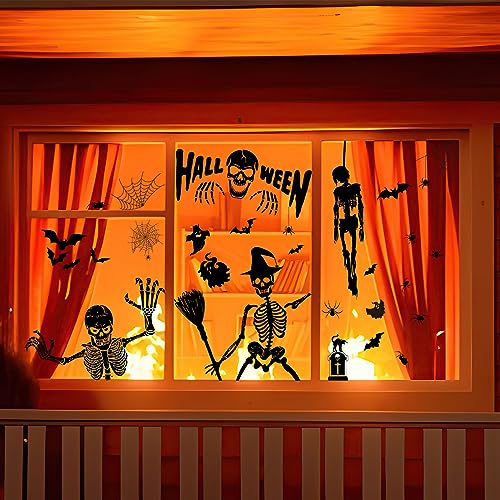 BBLIKE 9 Blätter Halloween Fensterbilder, Horror Halloween Deko, Fensteraufkleber mit Skelette, Spinnen, Fledermäuse, Spinnennetz, Fensterdeko für Halloween Glastüren, Tür, Window, Halloweenparty Deko von BBLIKE
