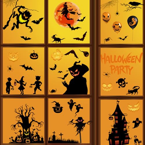 BBLIKE 9 Blätter Halloween Fensterbilder, Horror Halloween Deko, Fensterdeko mit Geister, Spinne, Fledermaus, Kürbis, Luftballons, Dryade für Halloween Glastüren Tür Window Halloweenparty Deko Sticker von BBLIKE