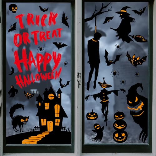 BBLIKE 9 Blätter Halloween Fensterbilder - Horror Halloween Deko, Fensterdeko mit Kürbis, schwarze Katze, Fledermaus, Dämon für Halloween Glastüren Tür Window Halloweenparty Deko Sticker von BBLIKE