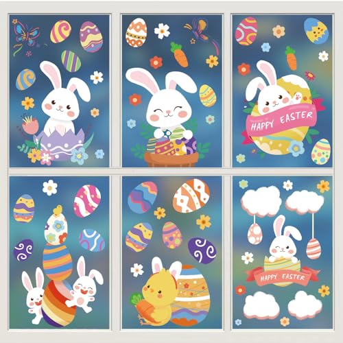 BBLIKE Fensterbilder Ostern Wiederverwendbar 9 Blätter Selbstklebend Fenstersticker Osterdeko Fenster Oster Deko Fensterdekoration für Kinderzimmer Fensterbild Frühling Ostereier Osterküken Osterhase von BBLIKE