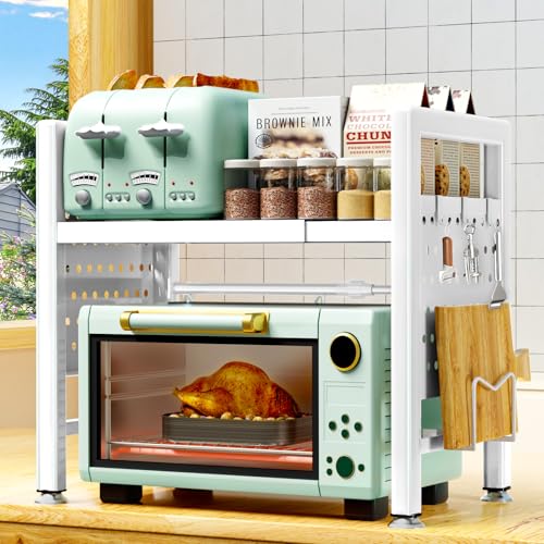 BBLTIFF Mikrowellen Regal, 2-Stufig Erweiterbares Mikrowellenregal 40-65cm, Microwave Shelf, Küchenregal Stehend, Regal Küche mit 6 Haken, Ablage für Schneidebrett, Gebrauchsanweisung (Weiß) von BBLTIFF