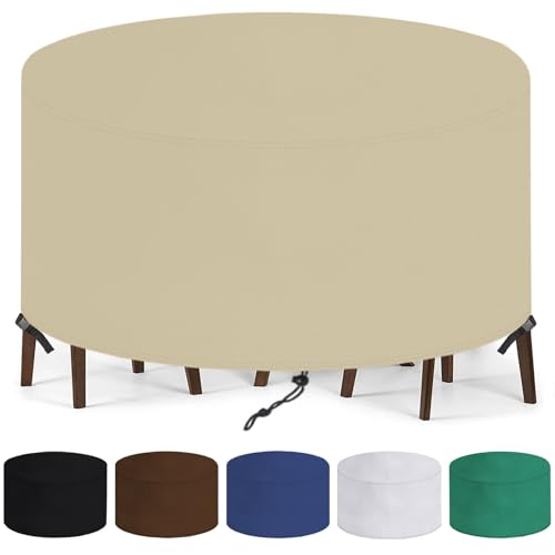 BBMMCLL Abdeckung für Gartenmöbel Rund 90x90cm(ØxH),Gartentisch Abdeckplane Wasserdicht Winddicht Anti-UV 420D Oxford Gewebe Schutzhülle,für Loungemöbel Sitzgruppe Balkonmöbel,Terrassenmöbel-Beige von BBMMCLL
