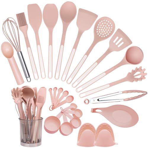 Silikon Küche Kochutensilien Set, 26-teiliges Hitzebeständig Kochutensilien mit Utensilienhalter, Antihaftbeschichtet BPA-frei Spülmaschinenfest, Wender Zange Schneebesen Kelle Löffel (Rosa) von BBN