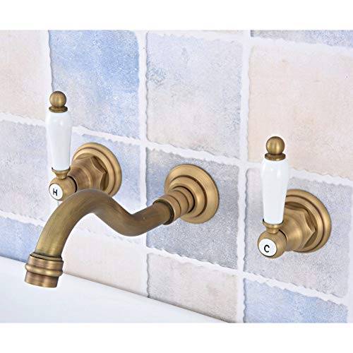 Antique Brass Widespread Wall-Mounted Tub 3 Holes Dual Ceramic Handles Kitchen Bathroom Tub Sink Basin Faucet Mixer Tap von BBNNN