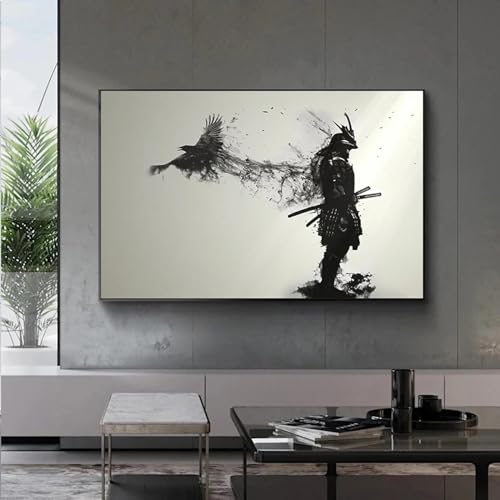 BBOVOBB Japanischer Samurai-Mann-Krieger mit einer fliegenden Krähe, Gemälde, Kunstposter, Drucke, Leinwand, Wandkunst, Bild für Raumdekoration, 80 x 120 cm (31 x 47 Zoll), ohne Rahmen von BBOVOBB