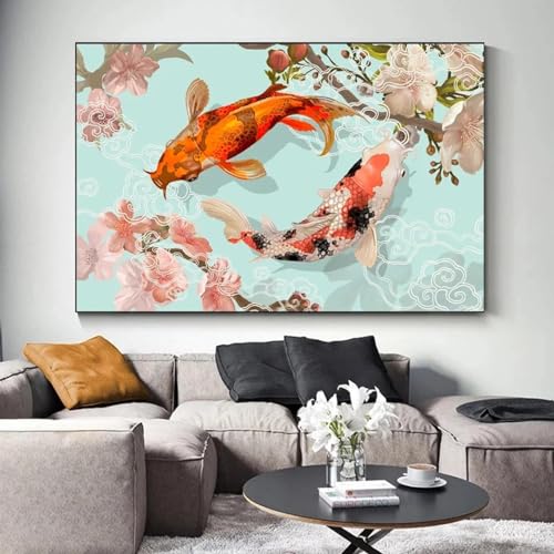 BBOVOBB Nordisches Tier-Leinwandgemälde, Poster, japanischer Koi-Fischteich, Drucke, Wandkunst, Bilder, Schlafzimmer, Wohnzimmer, Heimdekoration, 30 x 50 cm (12 x 20 Zoll), ohne Rahmen von BBOVOBB