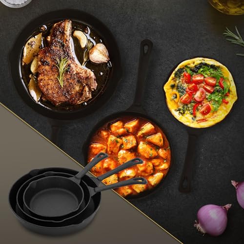 BBQ#BOSS 3-teiliges Gusseisen Brat- und Steak Pfannen Set, Ø16cm/Ø20cm/Ø25cm, Antihaftbeschichtetes Pfannenset, Gusseisenpfannen mit Griff & Ausgießmulde, Bratpfanne Grillpfanne Steakpfanne Kochpfanne von BBQ#BOSS