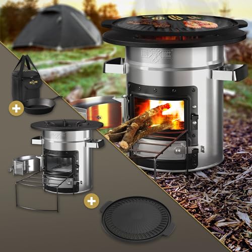 BBQ#BOSS Raketenofen mit Grillpfanne, Tragetasche, Silber, Edelstahl, Gusseisen Grillplatte, Campingkocher Holz mit Brennholzständer, Doppeltür, Camping BBQ Holzofen, Outdoor, Dutch Oven Raketenherd von BBQ#BOSS