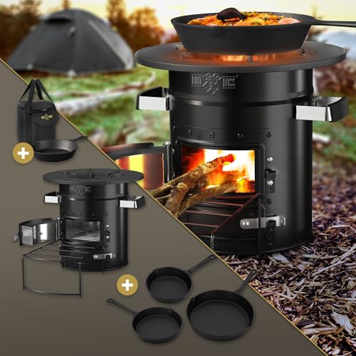 BBQ#BOSS Raketenofen mit Grillpfanne, Tragetasche, Stahl, Schwarz, 3-tlg. Gusseisen Pfannen Set, Campingkocher Holz Brennholzständer, Doppeltür, Camping BBQ Holzofen, Outdoor, Dutch Oven Raketenherd von BBQ#BOSS