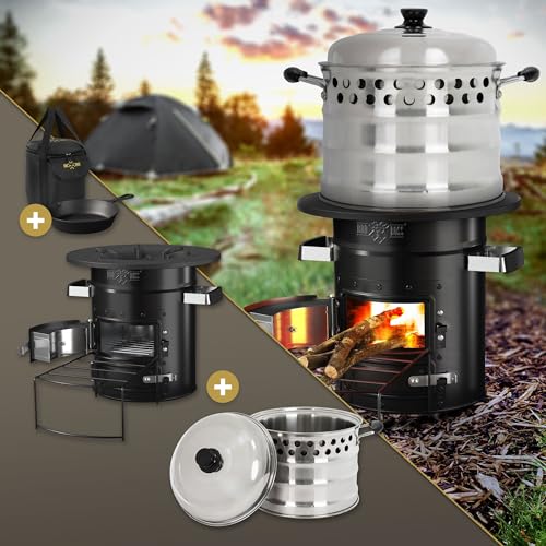 BBQ#BOSS Raketenofen mit Grillpfanne, Tragetasche, aus Stahl, Schwarz, mit Edelstahl Kochtopf, Campingkocher Holz mit Brennholzständer, Doppeltür, Camping BBQ Holzofen, Outdoor, Dutch Oven Raketenherd von BBQ#BOSS