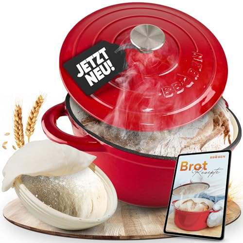 BBQ BEN Gusseisen Topf Emaille 5L inkl. Gärkorb & Ebook - Stilvoller Brotbacktopf | Brottopf zum Backen von Brot, Schmoren & Kochen | Gusstopf Dutch Oven | Brot Topf, Gusseiserner Bräter (Rot) von BBQ Ben