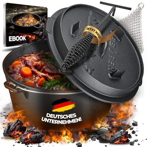 BBQ BEN eingebranntes Dutch Oven Set 9 Liter - Schmortopf aus massiven Gusseisen - Feuertopf mit Füßen - inkl. Tasche, Ringreiniger, Deckelheber und eBook. von BBQ Ben