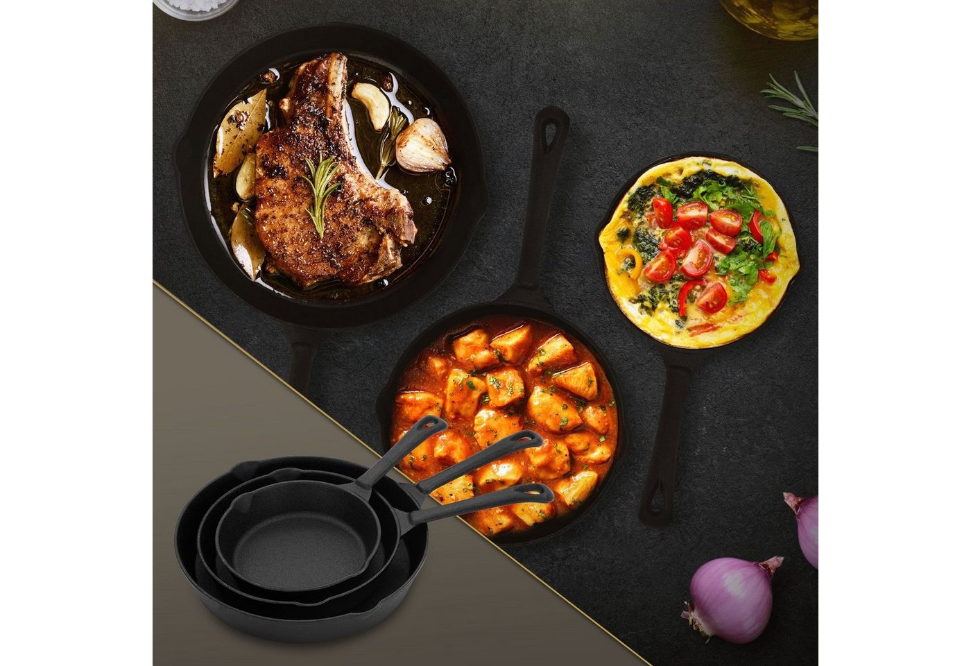 BBQ Boss Bratpfanne Brat-Steak Pfannenset Bratpfanne Grillpfanne Steakpfanne Kochpfanne, 3-teiliges Set Ø16cm/Ø20cm/Ø25cm Antihaftbeschichtung Gusseisen von BBQ Boss