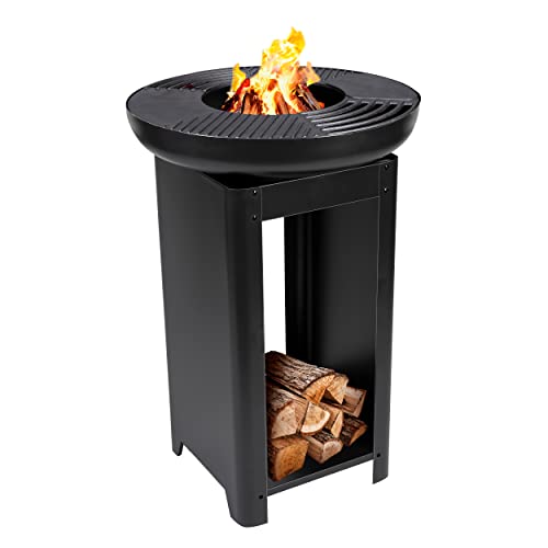 BBQ Collection 3-in-1 Feuerschale und Teppanyaki Grillrost - Feuerkorb - Plancha Grillplatte - 61 x 61 x 90 cm - Inkl. Lagerraum für Brennholz - Rostfreier Stahl - Schwarz von BBQ Collection