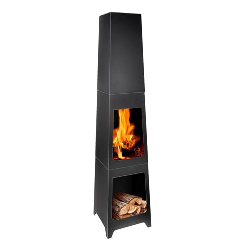 BBQ Collection Terrassenofen - Feuerstelle 36 x 36 x 150 cm - Gartenkamin für Brennholz - Gartenofen mit Ascheauffangbehälter und Holzablage - Terassenofen Außen - Karbonstahl von BBQ Collection
