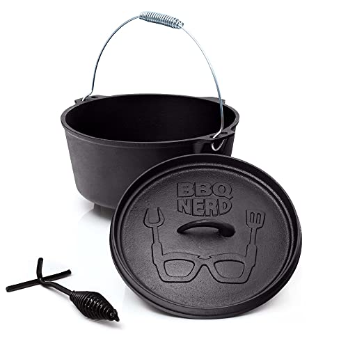 BBQ-Nerd© Dutch Oven "Starter" 3,1L mit Füßen | bereits eingebrannt - preseasoned | Gusseisen Feuertopf, Bräter mit Deckel inkl. Deckelheber | Feuerfester Grill & Camping Kochtopf, Grilltopf von BBQ Nerd