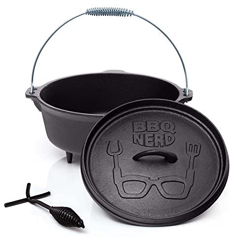 BBQ-Nerd© Dutch Oven "Starter" 5,5L mit Füßen | bereits eingebrannt - preseasoned | Gusseisen Feuertopf, Bräter mit Deckel inkl. Deckelheber | Feuerfester Grill & Camping Kochtopf, Grilltopf von BBQ Nerd