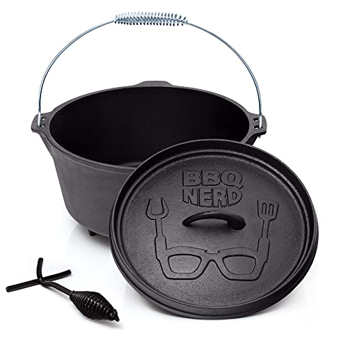 BBQ-Nerd© Dutch Oven "Starter" 7,2L mit Füßen | bereits eingebrannt - preseasoned | Gusseisen Feuertopf, Bräter mit Deckel inkl. Deckelheber | Feuerfester Grill & Camping Kochtopf, Grilltopf von BBQ Nerd