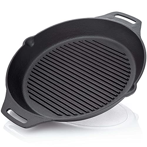 BBQ Nerd© Gusseisenpfanne zum Grillen - mit Rillenboden für ein schönes Grillmuster | Steakpfanne Ø 35 cm 4550g mit Ausgießer und Henkel | Antihaft-Pfanne Feuerpfanne Outdoor-Pfanne von BBQ Nerd