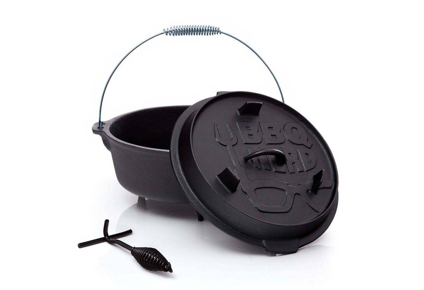 BBQ Nerd Feuertopf Professional mit Füßen, (Dutch Oven Bräter mit Deckel inkl. Deckelheber , bereits eingebrannt - preseasoned, 4,2L / 7,3L 9,0L / 13,6L), Feuerfester Grill & Camping Kochtopf, Grilltopf von BBQ Nerd