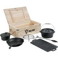 Bbq-toro - 7-teiliges Dutch Oven Set in Holzkiste mit Zubehör, gusseisen - bereits eingebrannt von BBQ-TORO