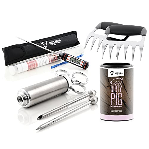 BBQ-Toro 4-teiliges Pulled Pork Set | inkl. Dirty Pig Gewürzzubereitung, Fleischspritze für Pulled Pork mit 2 Nadeln, digitales Grillthermometer mit Stofftasche und Edelstahl Fleischkrallen von BBQ-Toro