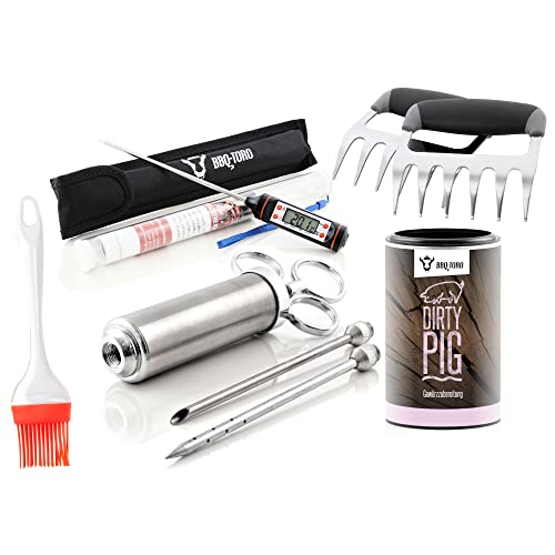 BBQ-Toro 5-teiliges Pulled Pork Set | inkl. Dirty Pig Gewürzzubereitung, BBQ Marinierspritze mit 2 Nadeln, Marinierpinsel, digitales Grillthermometer mit Stofftasche und Edelstahl Fleischkrallen von BBQ-Toro