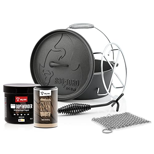 BBQ-Toro 6-teiliges Dutch Oven Starter Set mit Dutch Oven, Ringreiniger, Untersetzer, Deckelheber, Dopfwunder Einbrenn- & Pflegepaste, Dutch Oven Master Gewürzzubereitung von BBQ-Toro