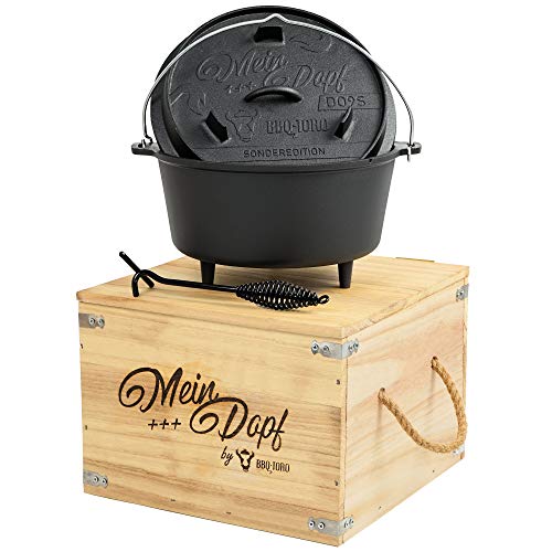 BBQ-Toro Dutch Oven ++ Mein Dopf ++ | Sonderedition mit Holzkiste und Deckelheber + kleine Überraschung | bereits eingebrannt - preseasoned | Gusseisen Kochtopf | Bräter mit Deckel von BBQ-Toro