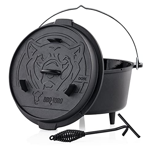 BBQ-Toro Dutch Oven Emaille Serie | Emailliert 9,0 Liter | Gusseisen Kochtopf mit Füßen | Bräter mit Deckelheber, Gusstopf, Feuertopf, Gussbräter, Grilltopf, Gusskessel, Schmortopf von BBQ-Toro