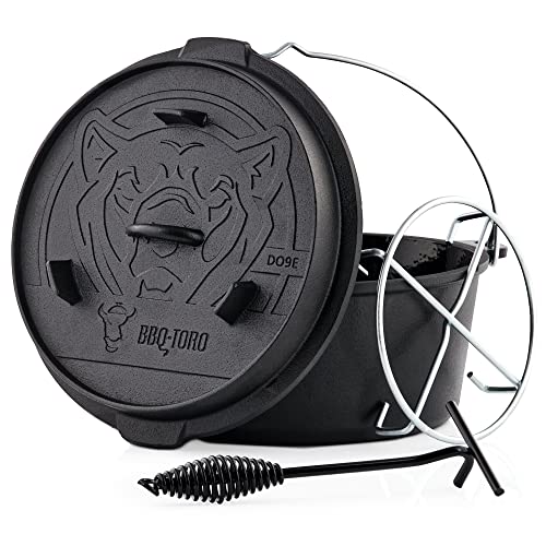 BBQ-Toro Dutch Oven Emaille Serie | Emailliert 9,0 Liter | Gusseisen Kochtopf ohne Füße | Bräter mit Deckelheber, Gusstopf, Feuertopf, Gussbräter, Grilltopf, Gusskessel, Schmortopf von BBQ-Toro