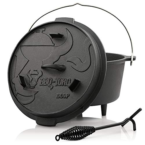 BBQ-Toro Dutch Oven Premium Serie | 9,0 Liter (DO9P), Topf mit Füße | bereits eingebrannt - preseasoned | Verschiedene Größen | Gusseisen Kochtopf | Bräter mit Deckelheber von BBQ-Toro