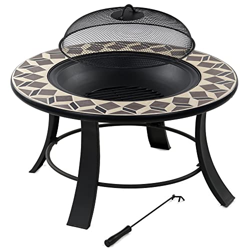 BBQ-Toro Feuerschale | Ø 75 cm | Feuerstelle mit Funkenschutz und Schürhaken | Feuerstelle Garten, Feuerkorb, Feuerschalen für den Garten, Outdoor fire Pit, Feuerschale Steinoptik von BBQ-Toro