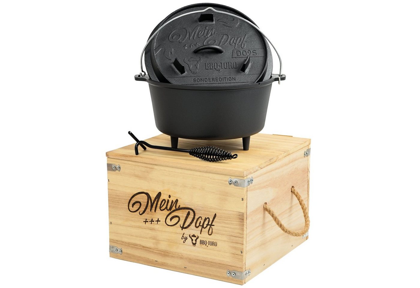 BBQ-Toro Grilltopf Dutch Oven Mein Dopf", 9,0 L Sonderedition inkl. Holzkiste, Gusseisen (4-tlg)" von BBQ-Toro